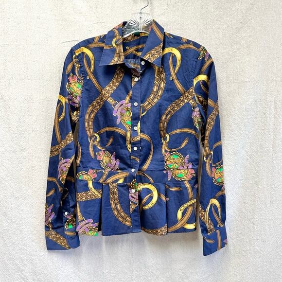 Lauren Ralph Lauren navy equestrian horse bit  button up peplum shirt size 4 - Picture 3 of 16
